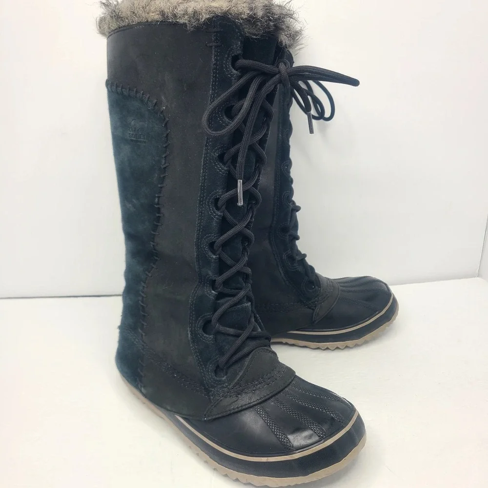 SOREL Cate the Great Winter Tall Suede Leather Boots Womens 7‎ Faux Fur Black